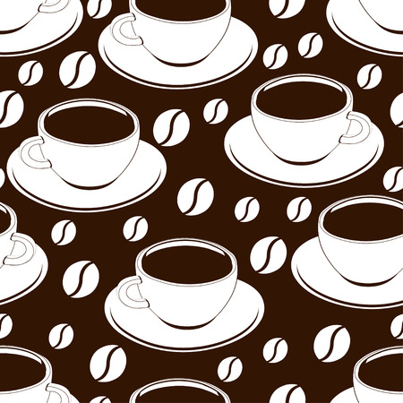 Cup of coffee outline seamless pattern, vector background, coloring, sketch, contour drawing. Drawn cups of black coffee and coffee beans on a brown backdrop. For wallpaper design, fabricsのイラスト素材