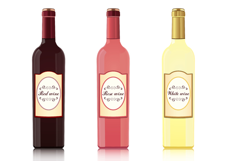 Set of bottles of different types of wines with labels, vector realistic drawing.のイラスト素材