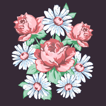 Flowers hand drawn, floral embroidery design, fabric print, vector floral ornament. Hand drawing flower composition from roses and chamomile, buds, petal, stem and leaves isolated on dark backgroundのイラスト素材