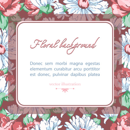 Vector floral background, floral banner, cover, card. Square label for text against the background of drawn buds pink rose flower.のイラスト素材