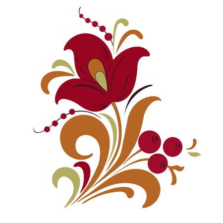 Abstract stylized flower, vector illustration, drawing. Decorative flower in red, orange and green colors, bud, stem, petals, curls and berries, isolated on blackのイラスト素材