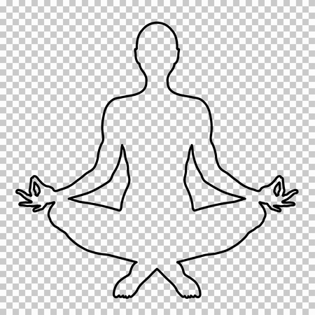 Outline figure of a man sitting in lotus pose on a transparent background, stencil, yogi silhouette. Meditation human, shape, line portrait, black and white contour drawing. Vector illustrationのイラスト素材