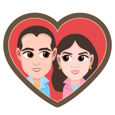 Cartoon character, vector drawing portrait lovers couple boy and girl, icon, sticker.のイラスト素材