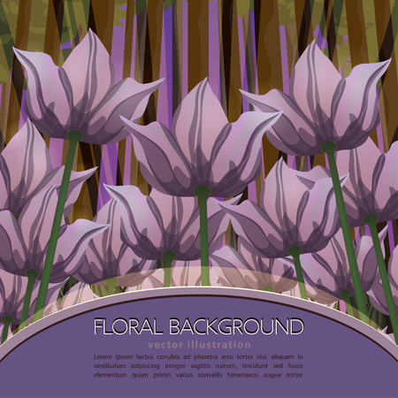 Abstract flowers bottom view, vector illustration, colorful drawing. Drawn purple buds, petals and stalks growing upwards against the background of forest and violet sky and text. Floral card, bannerのイラスト素材