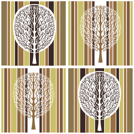 Abstract tree seamless pattern, vector illustration, stylized drawing. Ornate tree with branches and crown foliage against the background of green, white and brown strip rectangles in the squareのイラスト素材