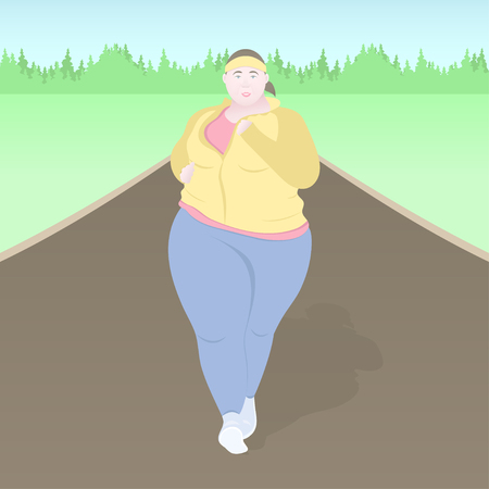 Fat woman running, flat drawing, colorful vector illustration. Plump girl in a tracksuit playing sports to run on the road to the field against the backdrop of the forest trees, front viewのイラスト素材
