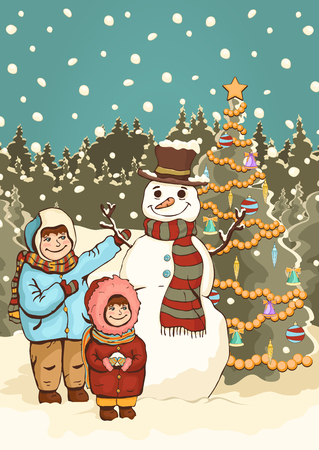 Children make snowman, cartoon colorful drawing, vector illustration. Painted cute boy and girl, funny snowman and New Year's decorated Christmas fir-tree in the park with snow and falling snowflakesのイラスト素材