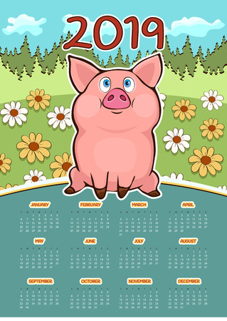 Calendar for 2019 with cartoon funny pig symbol of the year, hand drawing, vector illustration. Colorful design wall calendar for 12 months with a pretty funny pig on the background of flower fieldのイラスト素材
