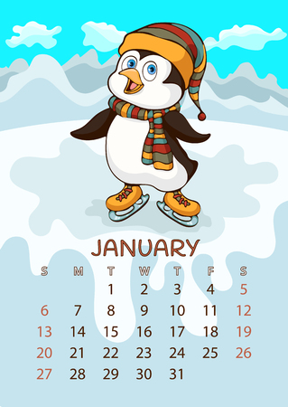 Calendar for 2019 with cartoon funny animals, hand drawing, vector illustration. Colorful, bright design of a wall-mounted rocker calendar with painted cute animals on the background seasonal natureのイラスト素材