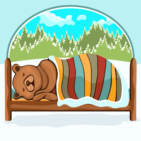 Bear in hibernation hand drawing, cartoon character, vector illustration, caricature. Colorful painted comical cute funny teddy bear lying on the bed covered with a blanket and sleeping winter in denのイラスト素材