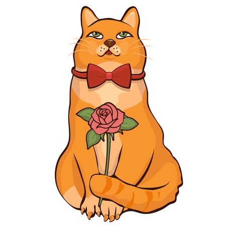 March cat hand drawing, cartoon character, vector illustration, sticker. Painted comical cute funny ginger male cat with bow tie holding a flower tail on appointment isolated on white backgroundのイラスト素材