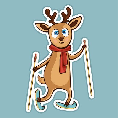 Painted cute funny deer in scarf with ski poles ride skiing sticker, print, colorful hand drawing, cartoon character, vector illustration, caricature, isolated with white stroke on colored backgroundのイラスト素材