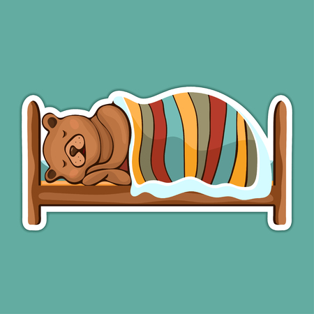 Painted cute funny brown bear in hibernation lying on the bed covered with blanket and sleeping sticker, colorful hand drawing, cartoon character, vector illustration, isolated on colored backgroundのイラスト素材