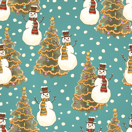 Cheerful snowman in cylinder hat and scarf seamless pattern, bright colorful cartoon drawing, vector background. Cute funny smiling drawn snow man on turquoise background and decorated christmas treeのイラスト素材