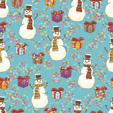 Cheerful snowman in cylinder hat and scarf seamless pattern, bright colorful cartoon drawing, vector background. Cute funny smiling drawn snow man on turquoise background and gift boxesのイラスト素材