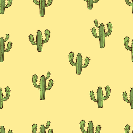 Cactus seamless pattern, hand drawing, vector illustration. Painted green peyote with spikes on yellow background. For fabric design, cloth, wallpaper, decoratingのイラスト素材