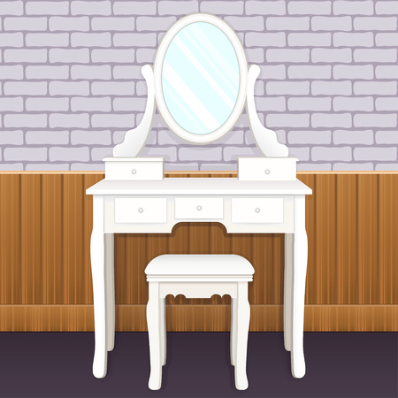 Dressing table with mirror with lights, female boudoir for applying makeup, flat drawing, vector illustration. White elegant table with shelves and an oval mirror with light bulbs and chair in roomのイラスト素材