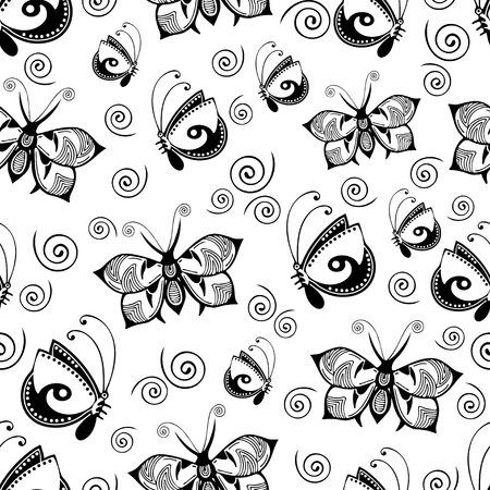 Abstract butterflies seamless pattern, black and white hand drawing, monochrome outline textile print, fabric design, vector illustration. Patterned winged insect on white background with curls spiralのイラスト素材