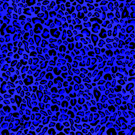 Leopard skin seamless pattern, animal texture, spotted tracery, animalistic ornament, vector background. Chaotic black blue spot on indigo backdrop. Retro wallpaper, fabric design, textile printのイラスト素材