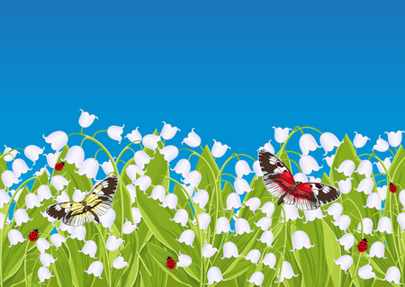 Seamless border with spring flowers lily of the valley, floral frame, banner, vector illustration. White buds bluebell, green leaves with sitting butterflies and ladybugs isolated on blue backgroundのイラスト素材