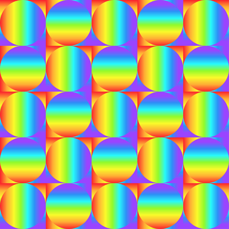 Geometric seamless pattern with multicolored gradient squares and circles, rainbow color abstract ornament, prism graphic texture. Decorative geometry background, colorful surface. Vector illustrationのイラスト素材