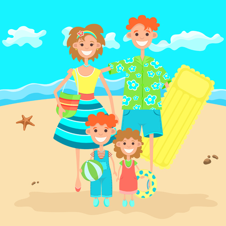 Family on vacation relaxing on the beach, flat colorful drawing. Cartoon character father, mother and children with swimming accessories against a sandy beach, sea and blue sky. Vector illustrationのイラスト素材