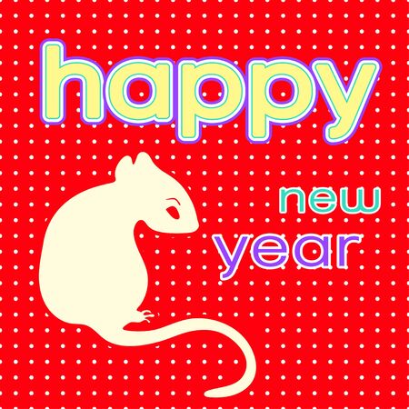 Happy New Year card , logo, 2020 icon, symbol of the year according to the eastern Chinese calendar, banner, vector illustration. White rat sits on figures, isolated on red speckled backgroundのイラスト素材