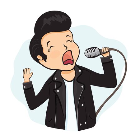 Guy sing into the microphone, cartoon character, hand drawing. Boy with hair laid in a coc in black leather jacket holds a microphone in his hand, isolated on white background. Vector illustrationのイラスト素材