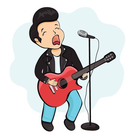 Man playing guitar, cartoon character, hand drawing, musical sticker. Boy in leather jacket holds holding a guitar and sings into the microphone, isolated on white background. Vector illustrationのイラスト素材