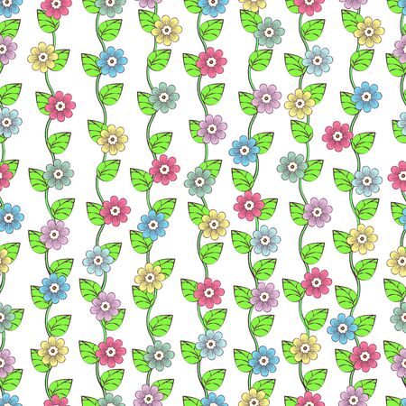 Green leaves on wavy stems and multi-colored flower buds with petals on white background seamless pattern, cartoon drawing. Natural, floral, fabric, textile, wallpaper design. Vector illustrationのイラスト素材