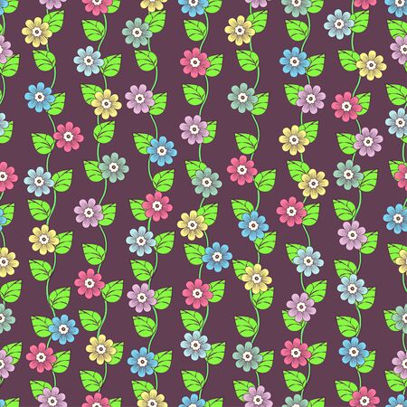 Green leaves on wavy stems and multi-colored flower buds with petals on dark background seamless pattern, cartoon drawing. Natural, floral, fabric, textile, wallpaper design. Vector illustrationのイラスト素材