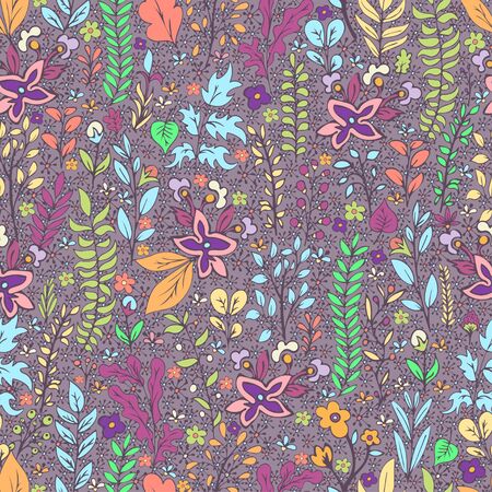 Colorful floral seamless pattern, doodle cartoon drawn flowers, exotic natural background, hand drawing. Multi-colored plant branches, buds, petals and leaves on purple backdrop. Vector illustrationのイラスト素材
