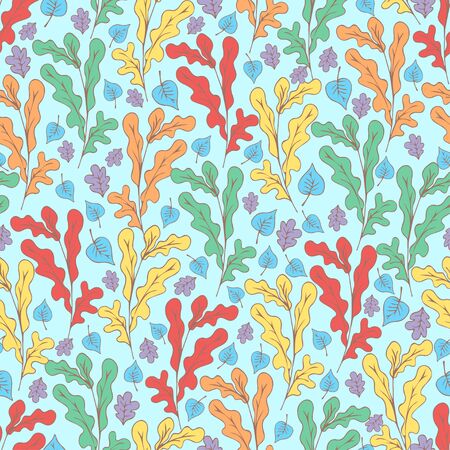 Tree foliage, branches and leaves seamless pattern, doodle cartoon drawn exotic natural background, hand drawing. Multi-colored autumn, spring and summer leaf on blue background. Vector illustrationのイラスト素材