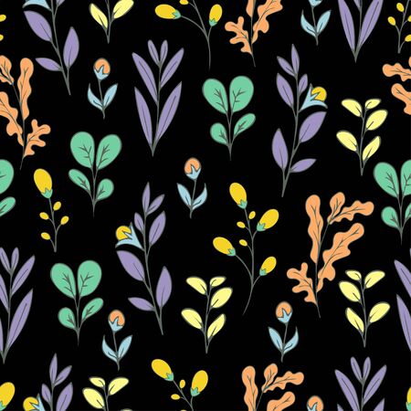 Colorful floral seamless pattern, doodle cartoon flowers, natural background, hand drawing. Multi-colored bright plant branches, bud, petal and leaves and ladybug on dark backdrop. Vector illustrationのイラスト素材