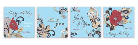 Set of templates greeting cards, banners, covers, posters, anniversary, invitations, flyer with colorful bright abstract floral design with red poppy flowers on blue background. Vector illustrationのイラスト素材