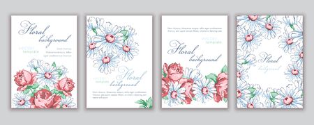 Set of templates banners, creative covers, posters, greeting cards, invitations, flyer with colorful abstract floral design with flowers of roses and daisies on white background. Vector illustrationのイラスト素材