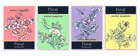 Set of templates banners, creative covers, posters, greeting cards, anniversary, invitations, flyer with colorful bright abstract floral design, vintage multicolor background. Vector illustrationのイラスト素材