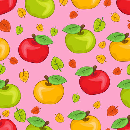 Red, yellow and green painted apples and multicolored leaves, colorful juicy fruits on pink background. For the fabric design, bright prints, cute wallpapers, wrapping, decoration. Vector illustrationのイラスト素材