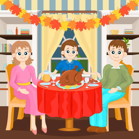 Thanksgiving Family Gala Dinner, colorful cartoon hand drawing. Mom, dad and son are sitting behind a table covered with festive treats and turkey hold hands in decorated room. Vector illustrationのイラスト素材