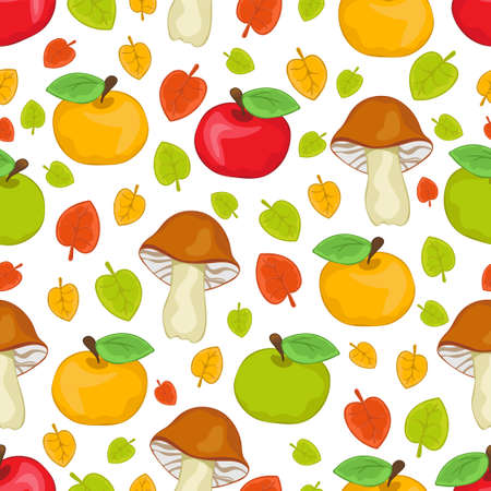 Red, green and yellow apples, mushrooms and leaves seamless pattern, cartoon hand drawing, colorful autumn background. For fabric design, textile prints, bright cute wallpapers. Vector illustrationのイラスト素材