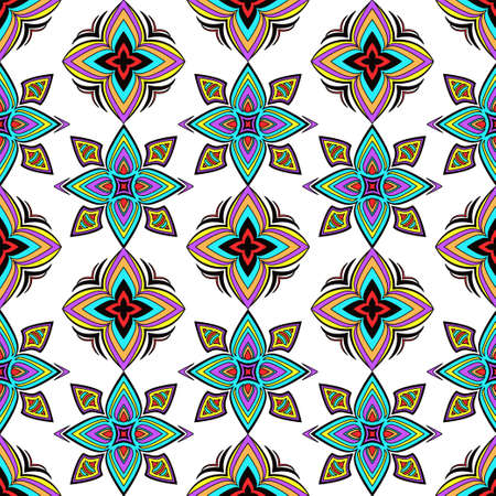 Abstract colorful ornament, oriental curve swirls seamless pattern with flowers and curl, openwork. Multicolored tracery on white background, for fabric design, wallpaper, print. Vector illustrationのイラスト素材