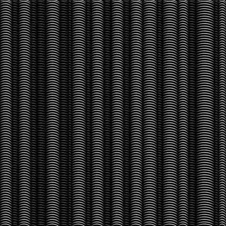 Black and white vertical spiral stripes pipes, abstract seamless pattern, geometric ornament, grunge monochrome optical illusion. White semicircles springs on black background. Vector illustrationのイラスト素材