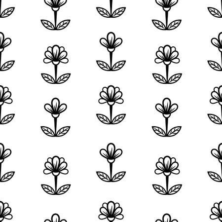 Floral line seamless pattern, black and white drawing, monochrome blooming, coloring sketch, background. Cute flower buds on stems with leaves. For fabric design, wallpaper. Vector illustrationのイラスト素材