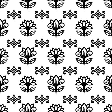Floral line seamless pattern, black and white drawing, monochrome blooming, coloring sketch, background. Cute flower buds on stems with leaves. For fabric design, wallpaper. Vector illustrationのイラスト素材