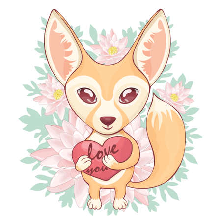 Fox Fenech funny cute cartoon hand drawing, animal character, print. Red-haired baby fox with big eyes, fluffy tail holding heart, isolated surrounded by lily flowers and leaves. Vector illustrationのイラスト素材