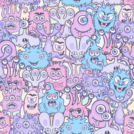 Cute monster seamless pattern, funny cartoon character, doodle print, fashion fabric, textile design. Cheerful colorful pastel various fairy creatures on rainbow background. vector illustrationのイラスト素材