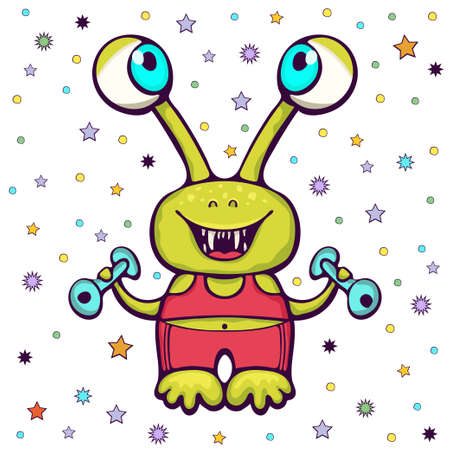 Cute monster, funny cartoon character, colorful hand drawing. Cheerful green fairy tale creature smiling sportsman with dumbbells in tracksuit, isolated on white background. vector illustrationのイラスト素材