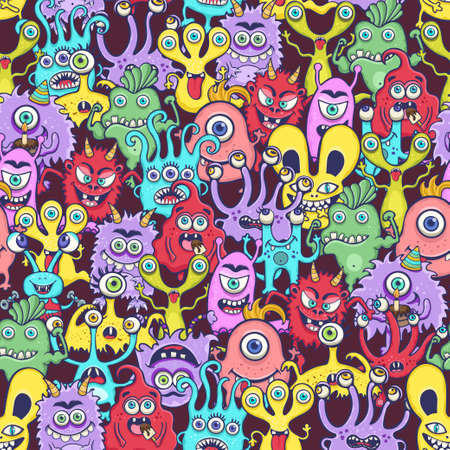 Cute monster seamless pattern, funny cartoon character, doodle print, fashion fabric, textile...
