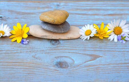 Zen stones on a old blue gray wooden background with daisies and empty copyspaceの写真素材