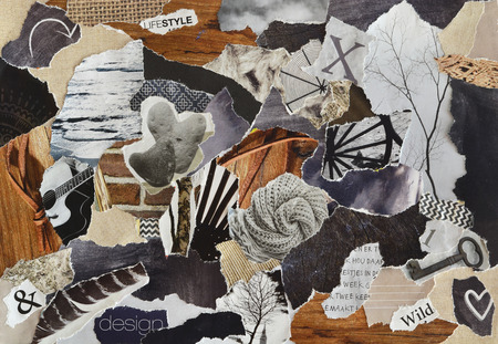 color gray, brown and black lifestyle Atmosphere mood board collage sheet made of magazines teared paper with figures, letters, colors and textures, results in artの写真素材
